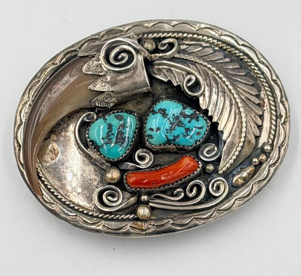 Herbert Tsosie Handcrafted Navajo Turquoise Coral Bear Claw Sterling Belt Buckle